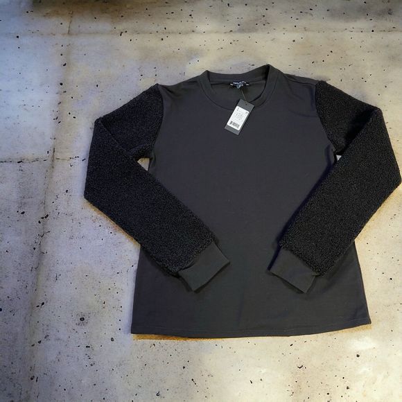 Kenneth Cole‎ New York Basic Long Sleeve Crewneck Knit Top Shearling Sleeve Sz S - Picture 1 of 8